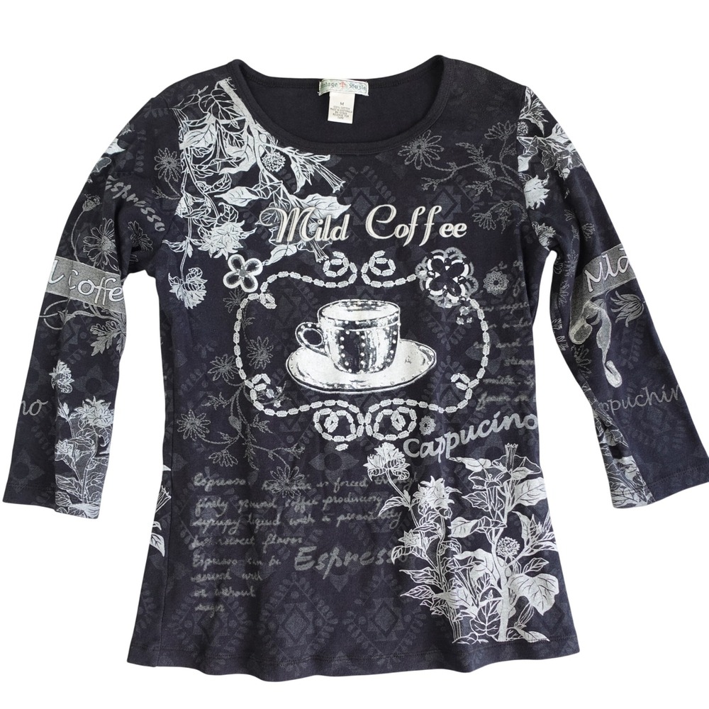 Y2K Vintage Suzie Top Womens M Black Coffee Graphic Rhinestone Java Junkie Tee‎